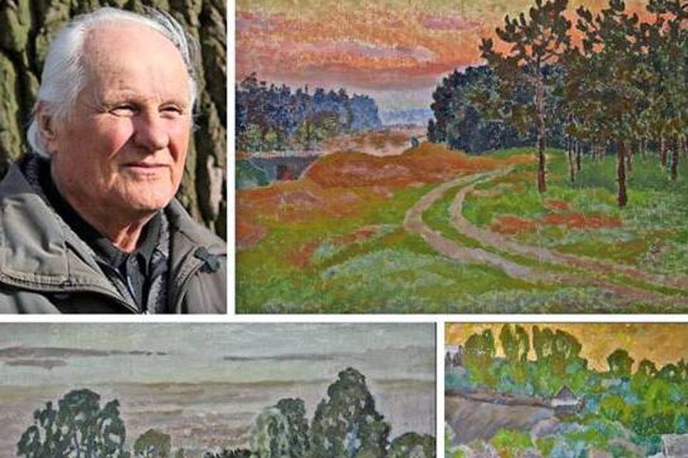 Der Maler Robert Landarski bei einer Ausstellung in Niedersachsen (im Jahr 2010) und drei Beispielen (in Ausschnitten) seiner Landschaftsmalerei, die jetzt in Eutin zu sehen ist.