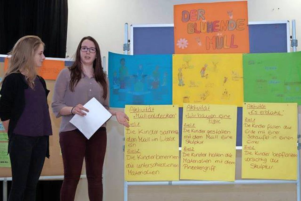 Anhand ihres Themas „Müll im Wald“ erklärten Mascha Benning (li.) und Ann-Sophie Meyer die vielfältigen Lernmöglichkeiten vom Sammeln übers Sortieren, dem Bauen einer Skulptur bis hin zum Bepflanzen.