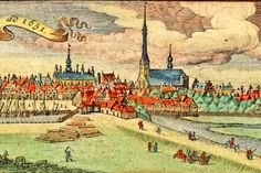Ausschnitt der Husumer Stadtansicht von 1651 (von Johannes Mejer) mit Schloss und Kirche. Hier war Jakob Saxe als Geistlicher beschäftigt.