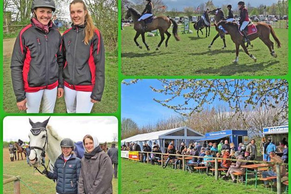 Wiebke Streichert und Kimberley Jane Meier aus Bad Segeberg (o.l.) sind fast jedes Jahr beim Eutiner Reitturnier dabei. Sie finden hier „alles super“ und freuen sich auf das Trophy-Mannschaftsspringen auf ihren Pferden „Bellevue“ und „Landpionistin“. - Sarah Reschke und Anne Uppendahl (u.l.) kommen aus Nübbel bei Rendsburg und sind zum ersten Mal mit ihrem neu gegründeten Verein, der Turniergemeinschaft „Nach Maas“, in Eutin angetreten. Sarahs Schimmel „Enzo“ hat sich beim Springreiten sein Leckerli verdient. - Viele Zuschauer verfolgten Spring- und Dressurreiten (u.r.) und hatten dabei reichlich Gelegenheit, sich im Zelt und an den Ständen mit Speis und Trank auch bei gelegentlichen Aprilschauern „über Wasser“ zu halten.