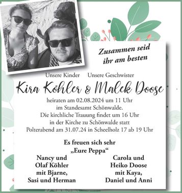 Hochzeitsanzeige Kira & Malek Köhler 